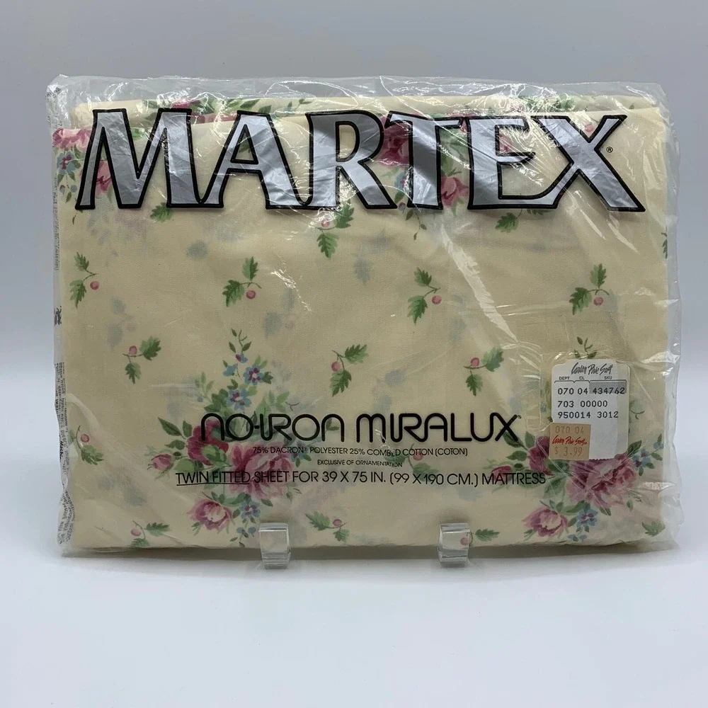 Vtg Martex No Iron Twin Fitted Sheet Cottagecore Ivory Floral Made in USA New